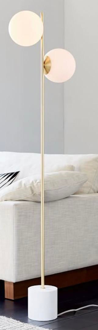 Thumbnail: White Marble Cylinder Base Gold Floor Lamp w/Double Globe Shades