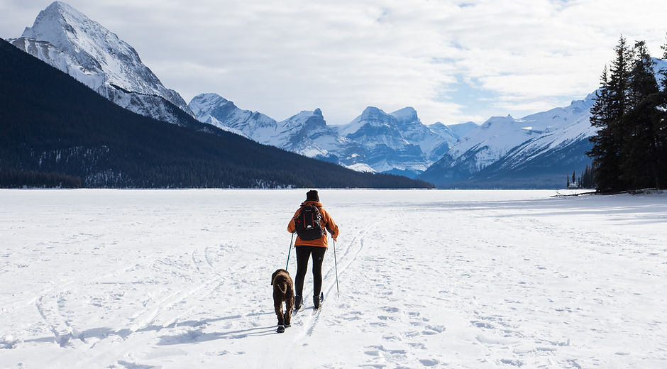 This was taken 2017, when Maligne Lake is frozen and travel on the lake is possible. An activity whe