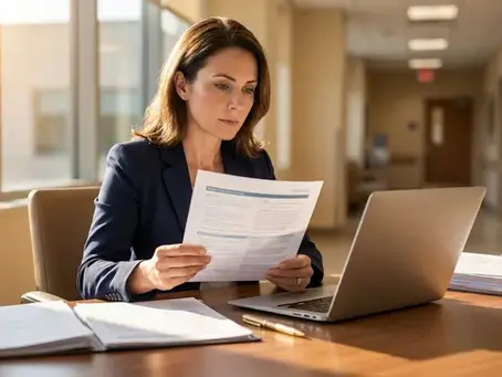 Profissional analisando documento sobre descredenciamento do plano de saúde empresarial