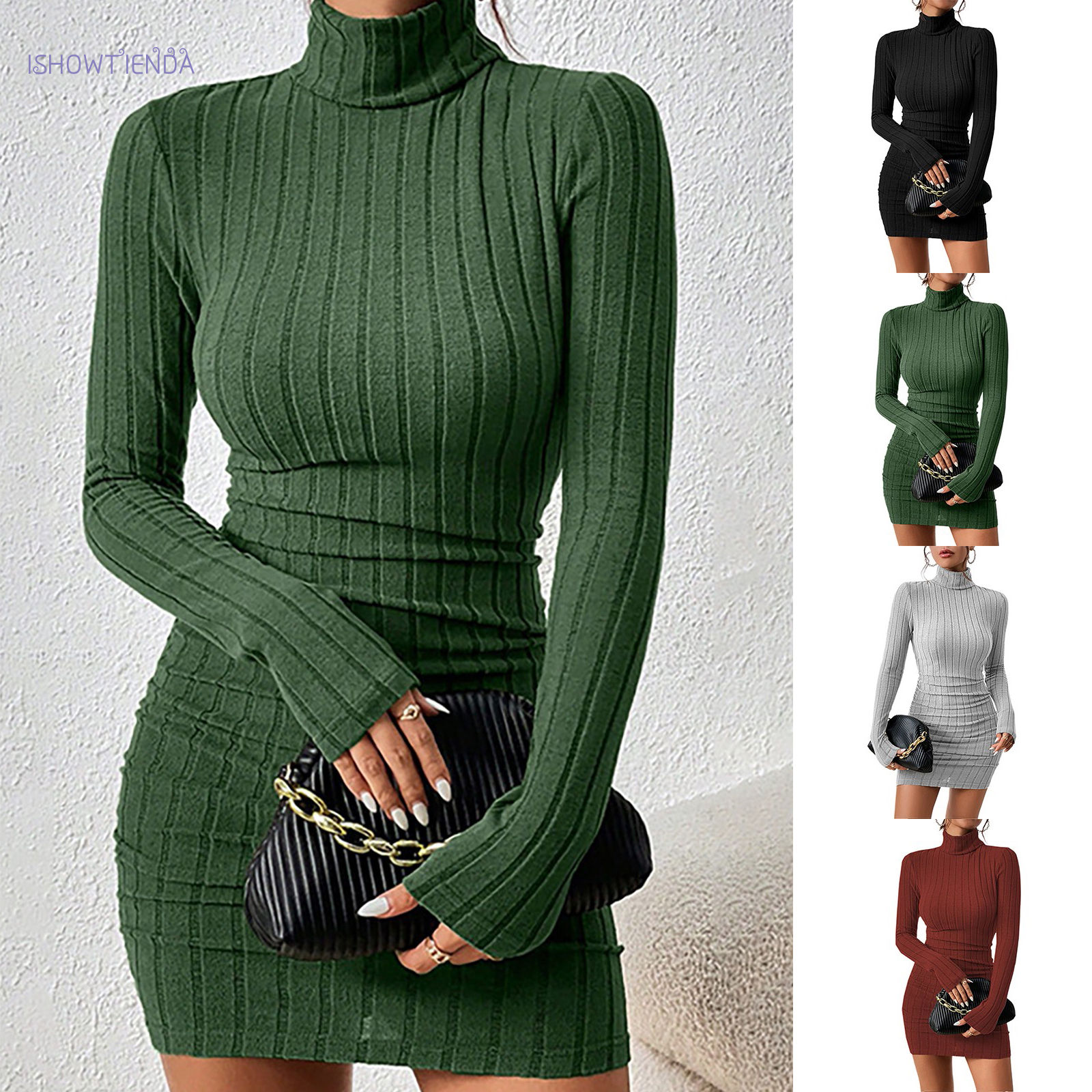 Knitted Bottoming Dress Women Elegant Party Autumn Winter Turtleneck Long Sleeve