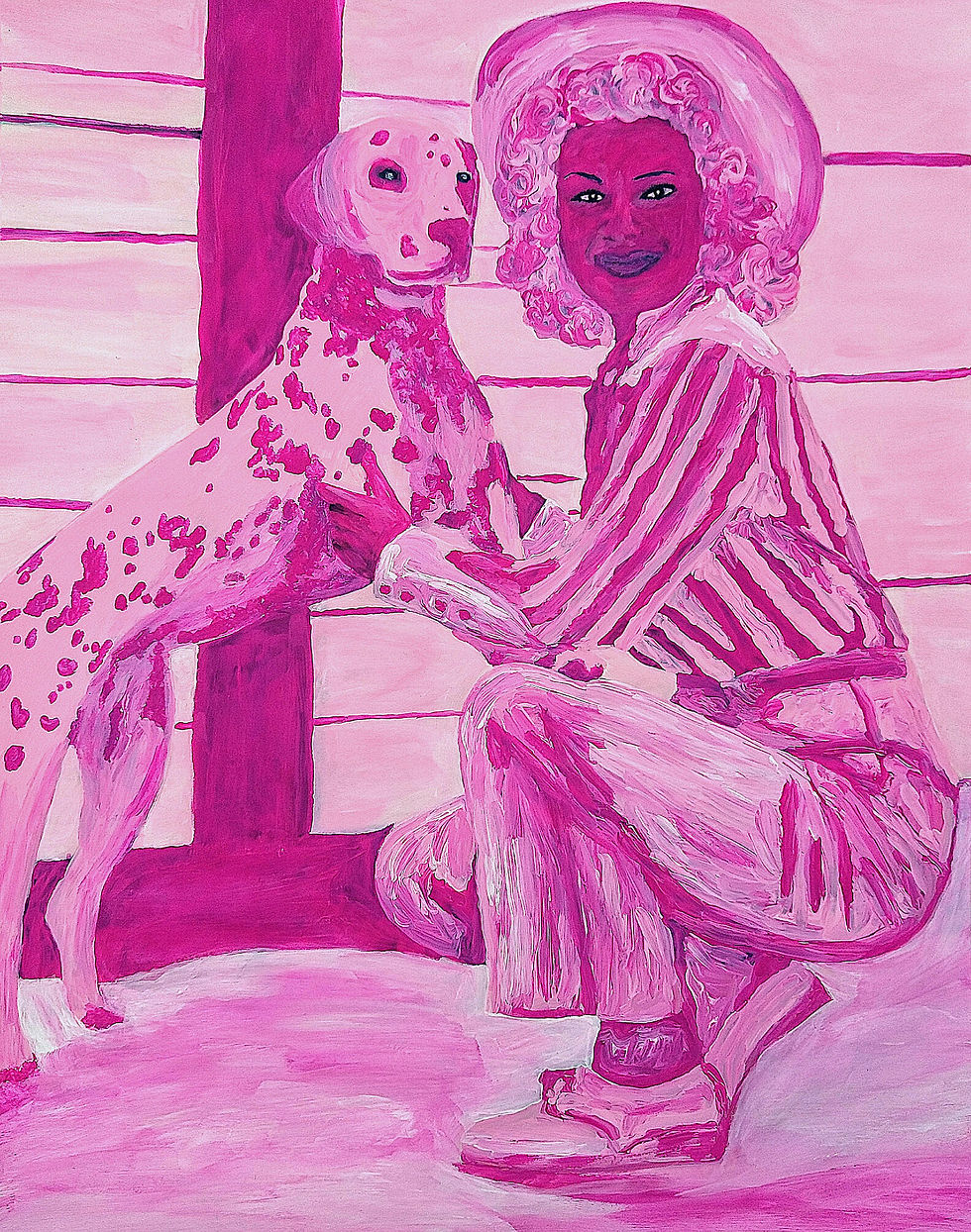 Lucy with Sky acrylic painting on pink planet, figure in surreal pink with a dalmatine, by Lena Snow