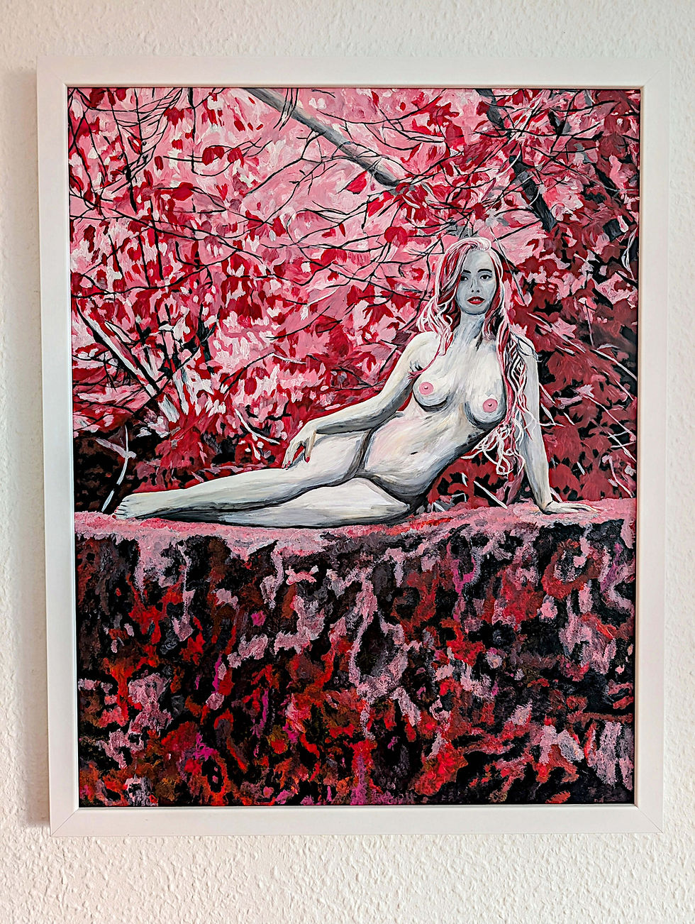 Thumbnail: Daphnaie by Lena Snow, original acrylic on paper, framed in a custom white wooden frame,