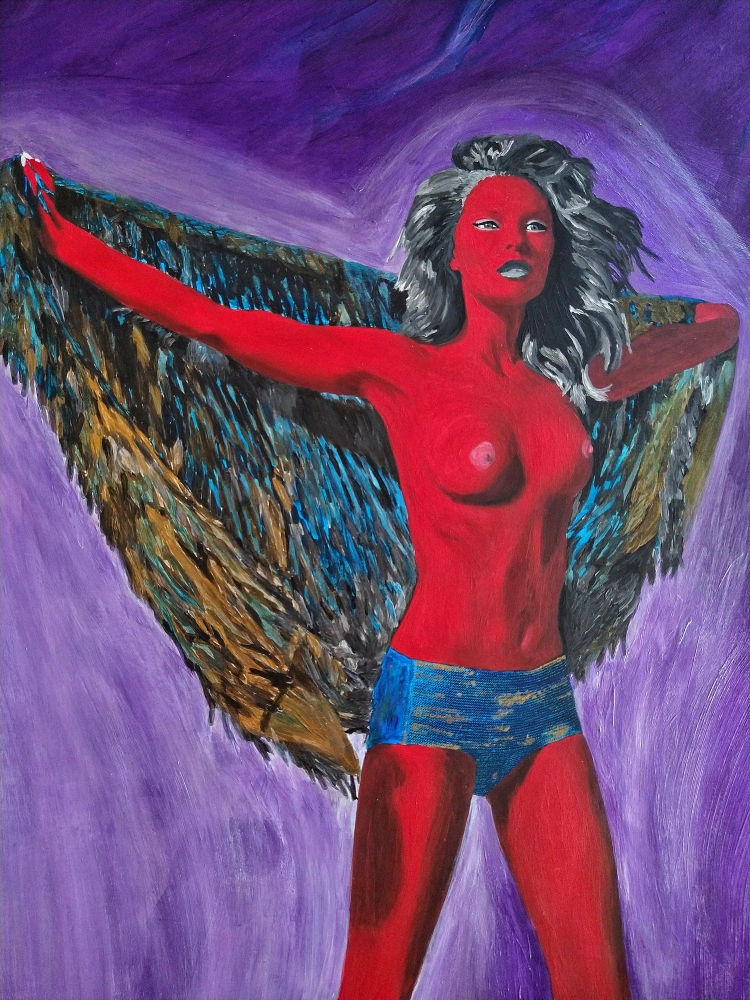 Thumbnail: Close-up of Oumuamua Girl No 7, upper body holding feather-like shimmering cape, by Lena Snow