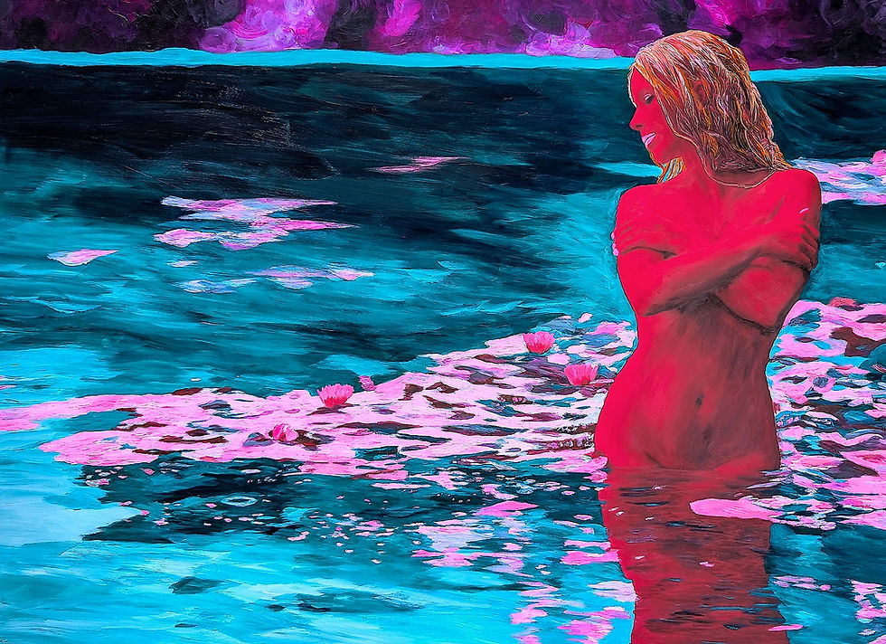 Erythalia by Lena Snow, nymph in a searose filled sea, eyes closed, acrylic on museum quality paper