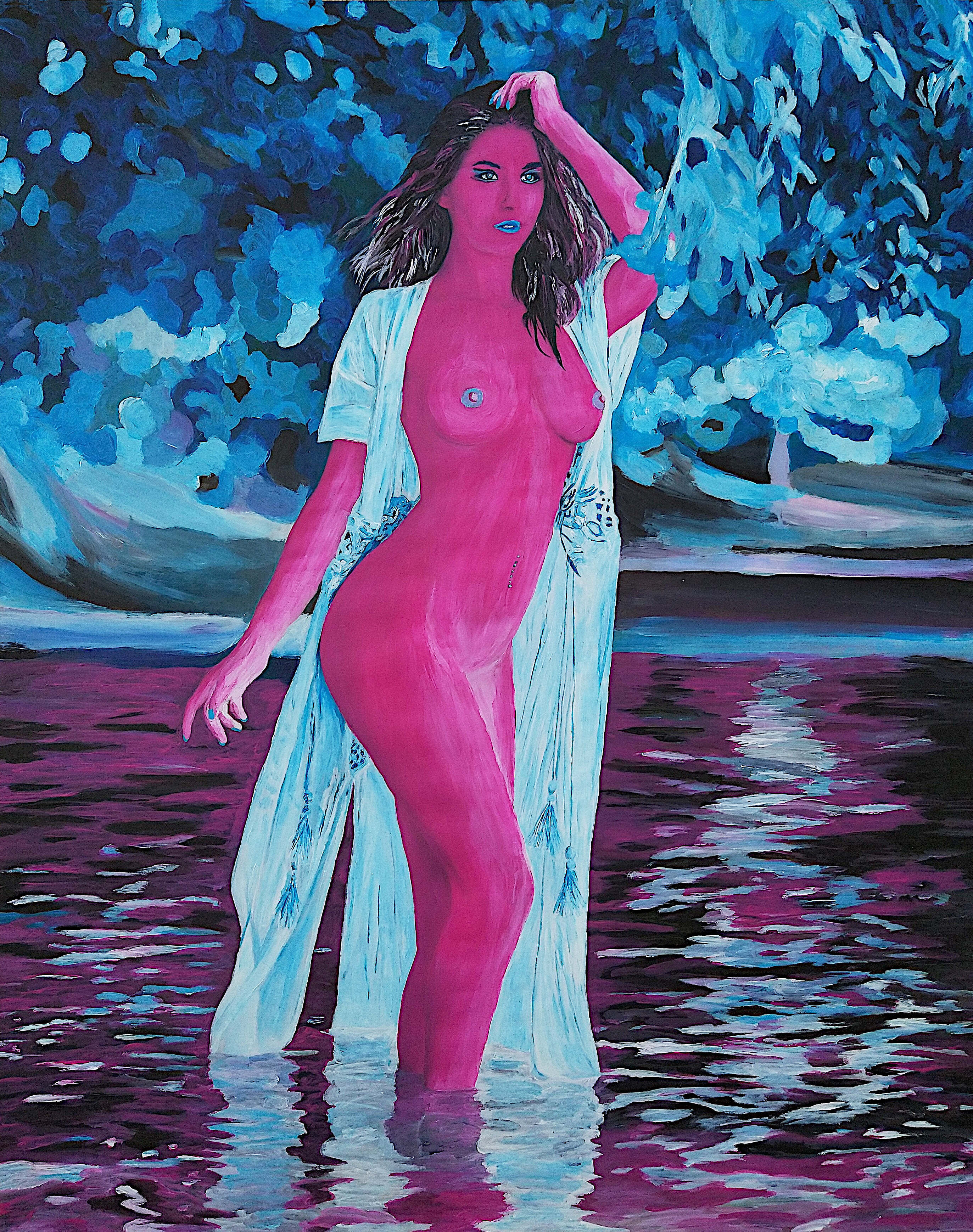 Amatheia by Lena Snow, a pink-toned sea nymph standing in water, acrylic on quality-paper