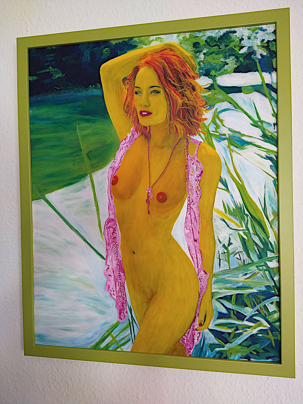Thumbnail: Eurydice by Lena Snow, acrylic on paper, framed in green wood, close-up of the glowing colors.