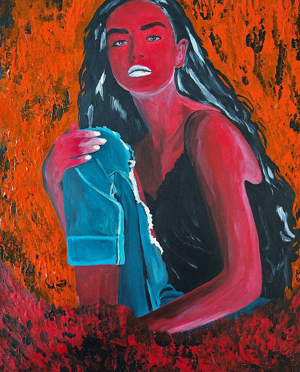 Girl from the Lava Planet acrylic painting, red female figure in molten background, by Lena Snow