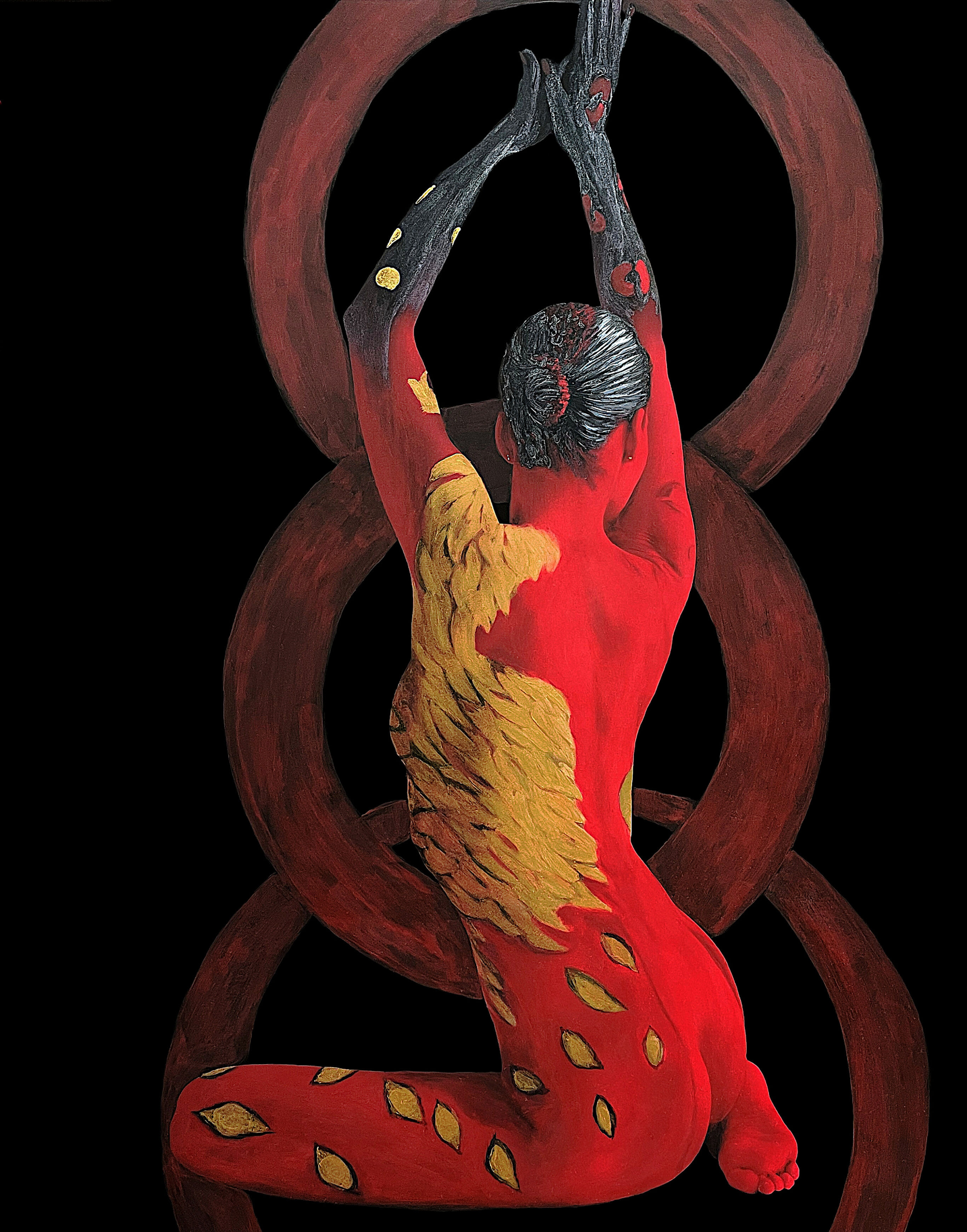 Ériu, the Irish sovereignty goddess, by Lena Snow, painted in intese red with metallic gold
