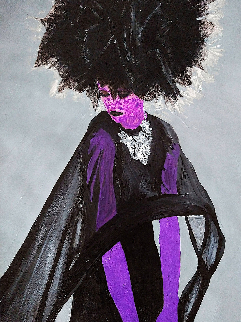 I am from Mercury acrylic painting, woman in mourning, black dress, violet skin, by Lena Snow
