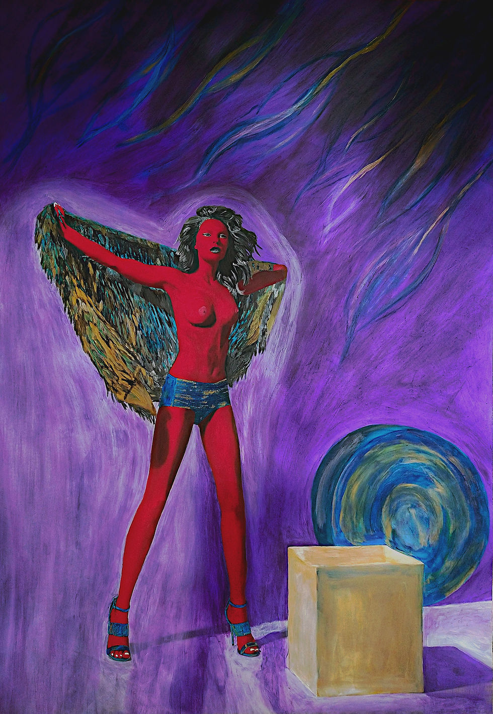 Original artwork Oumuamua Girl No 7, red figure in a violet cosmic storm with metallic colors, by Lena Snow
