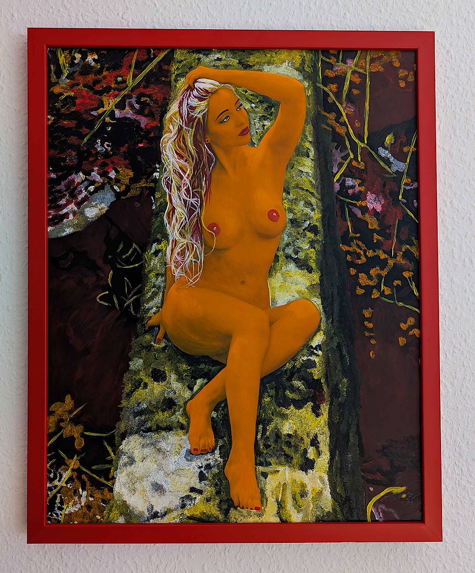 Thumbnail: Framed artwork Ianeia by Lena Snow, acrylic on high-quality paper in a customized red wooden frame.
