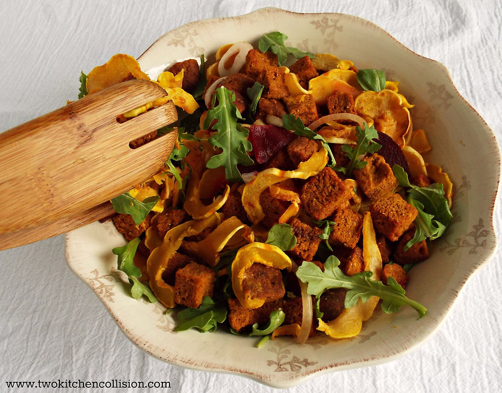 Winter Panzanella Salad - a delicious and healthy combo of delicata squash, arugula, cornbread & pickled beets. www.twokitchencollision.com