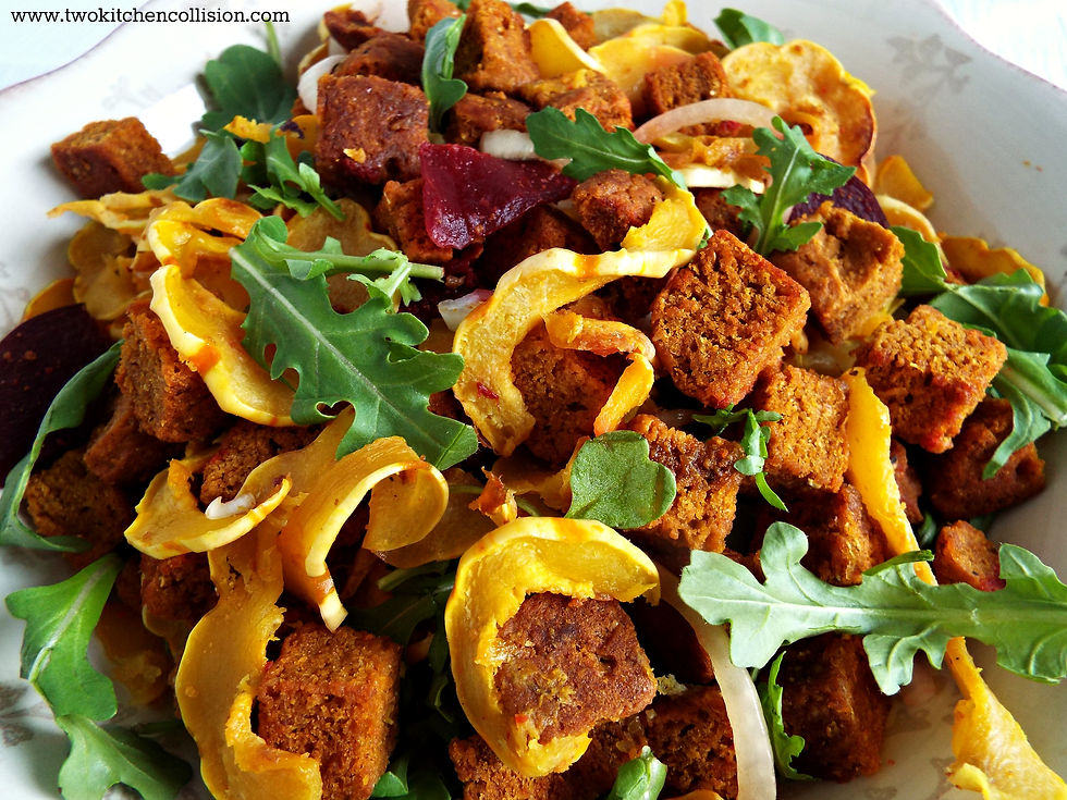 Winter Panzanella Salad - a delicious and healthy combo of delicata squash, arugula, cornbread & pickled beets. www.twokitchencollision.com