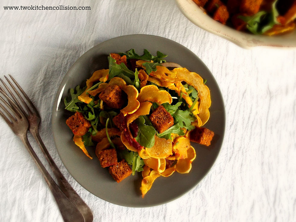 Winter Panzanella Salad - a delicious and healthy combo of delicata squash, arugula, cornbread & pickled beets. www.twokitchencollision.com