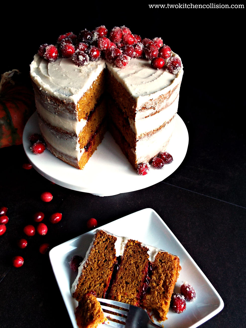 Cranberry filled Pumpkin cake with Maple frosting - moist pumpkin cake with tart cranberry filling, a dessert you'll want to make