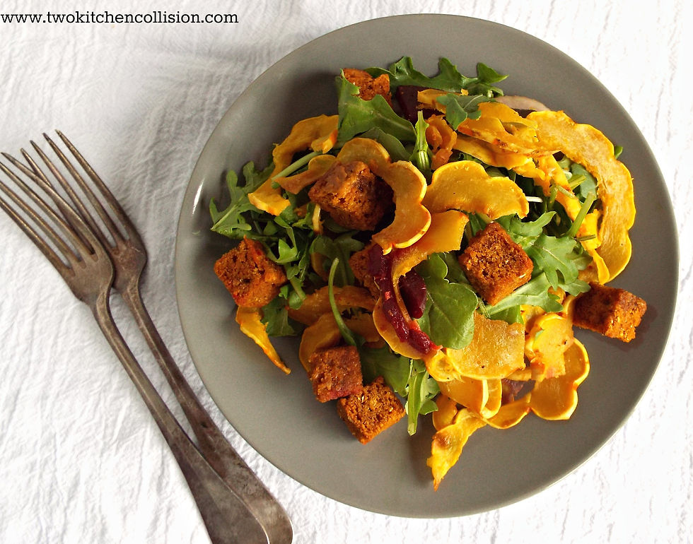 Winter Panzanella Salad - a delicious and healthy combo of delicata squash, arugula, cornbread & pickled beets. www.twokitchencollision.com