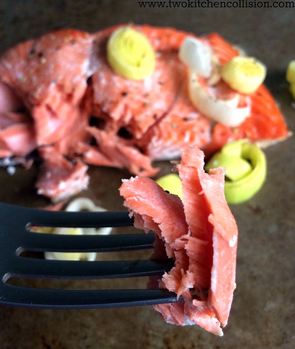 Roasted Salmon with Leeks, Simple Salad and Truffled Parsnip Fries www.twokitchencollision.com