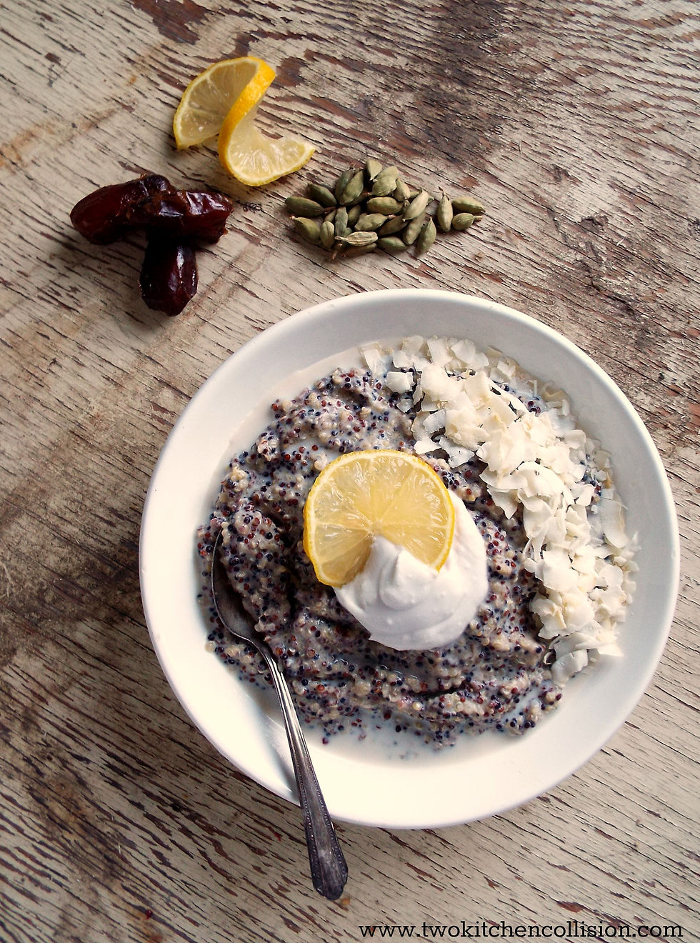 Lemon Cardamom Breakfast Quinoa - a warm bowl of quinoa with coconut, cardamom and lemon. Tropical goodness on a cold winter day. www.twokitchencollision.com