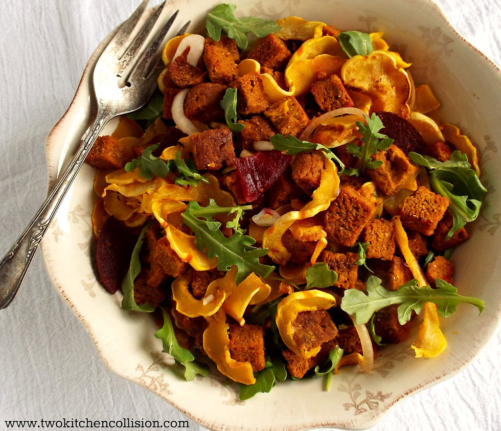 Winter Panzanella Salad - a delicious and healthy combo of delicata squash, arugula, cornbread & pickled beets. www.twokitchencollision.com