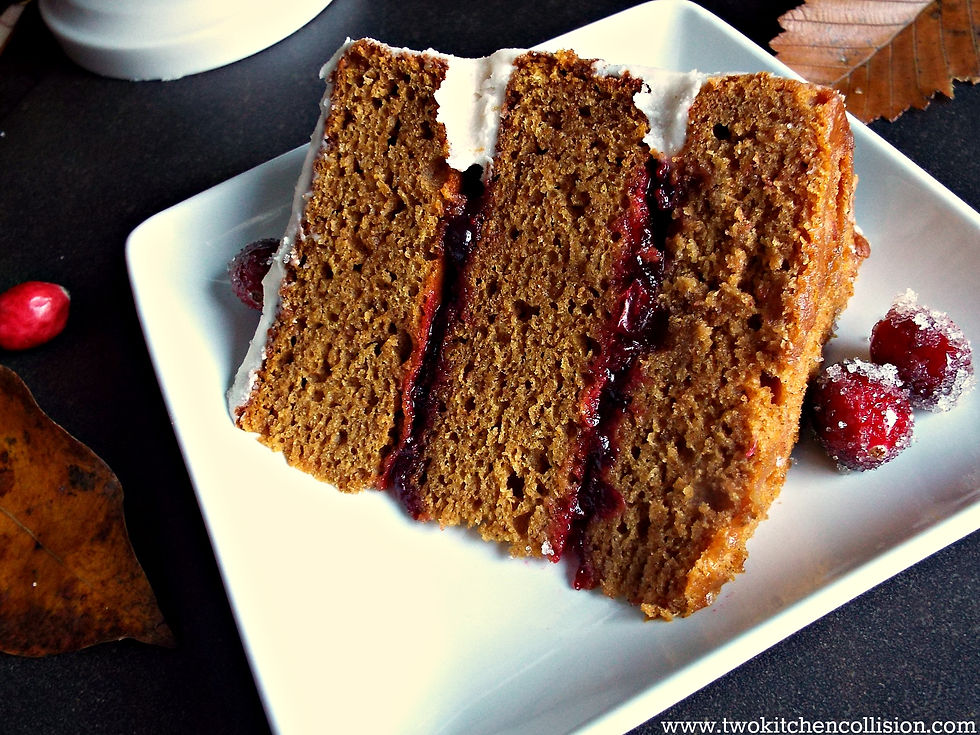 Cranberry filled Pumpkin cake with Maple frosting - moist pumpkin cake with tart cranberry filling, a dessert you'll want to make