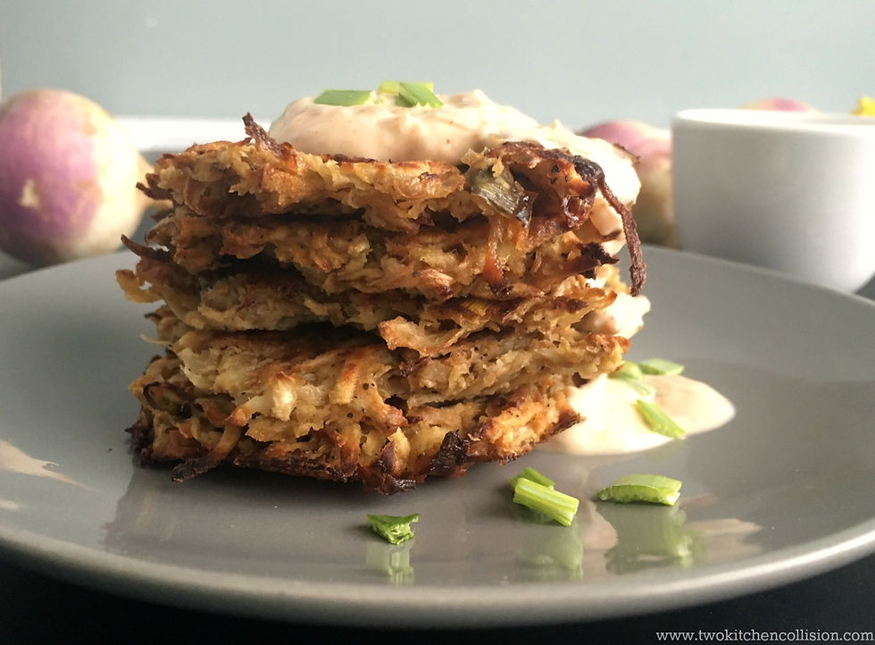 Root Vegetable Latkes with Kimchi Remoulade www.twokitchencollision.com