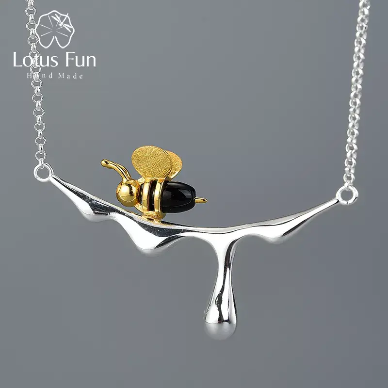 Thumbnail: 18K Gold Bee and Dripping Honey Pendant Necklace Sterling Silver elry for Women