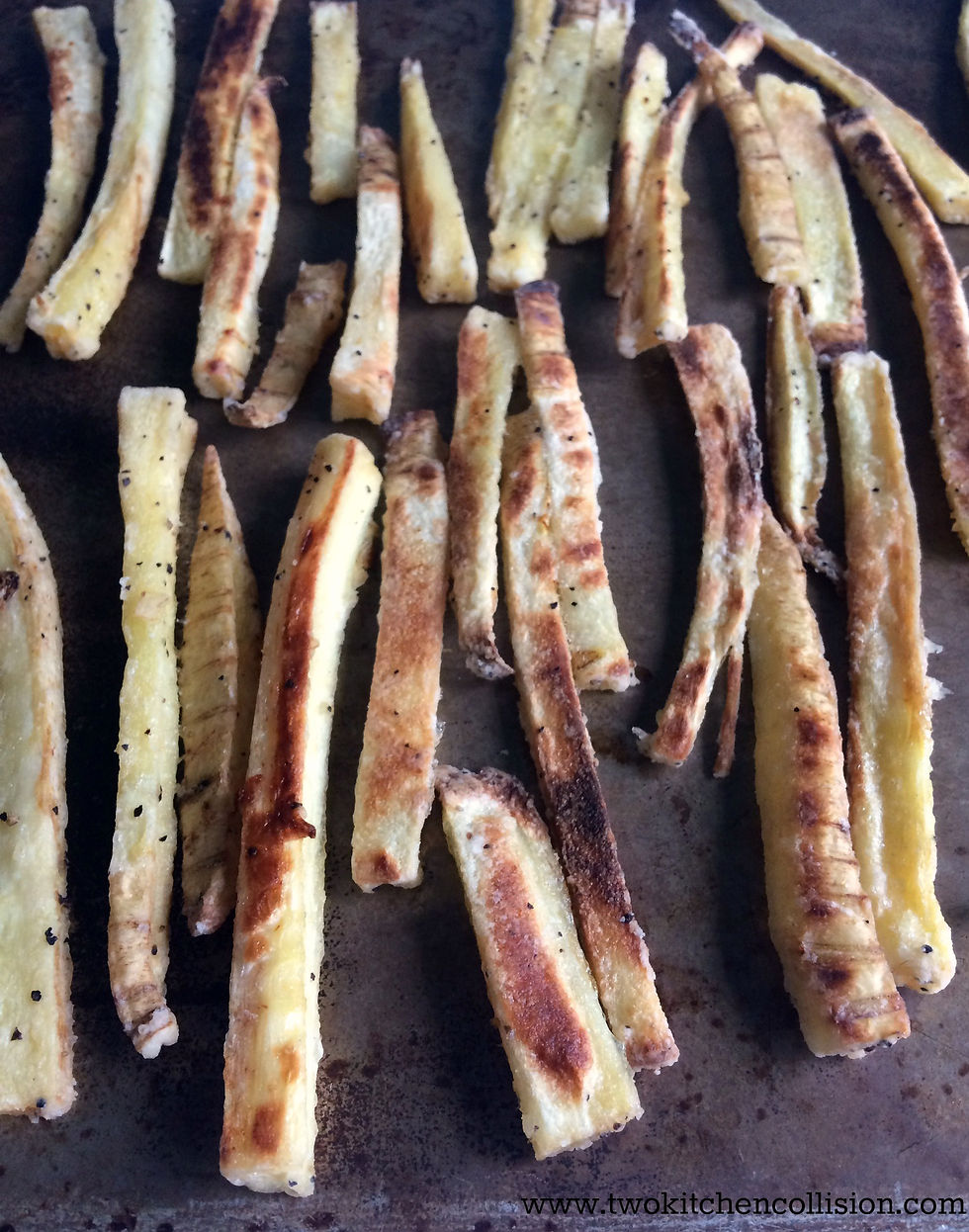 Roasted Salmon with Leeks, Simple Salad and Truffled Parsnip Fries www.twokitchencollision.com