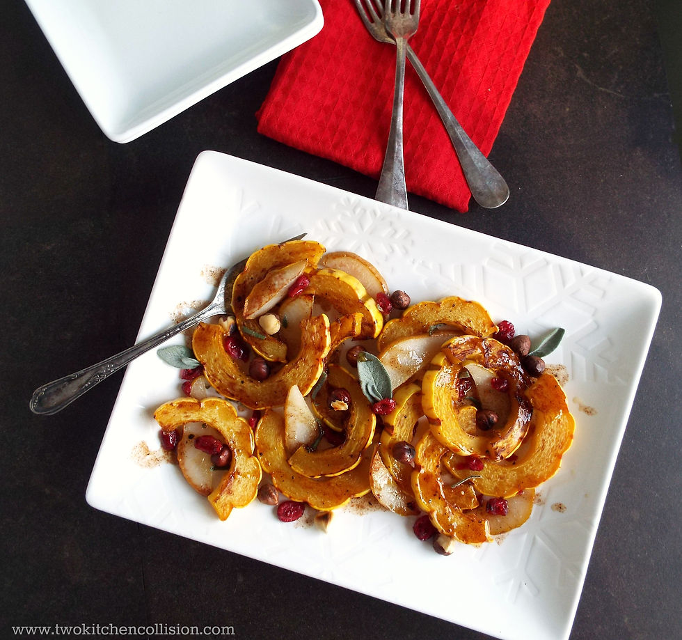 Maple Cinnamon Roasted Delicata Squash - a plate full of winter goodness...cranberries, hazelnuts, sage, pears www.twokitchencollision.com