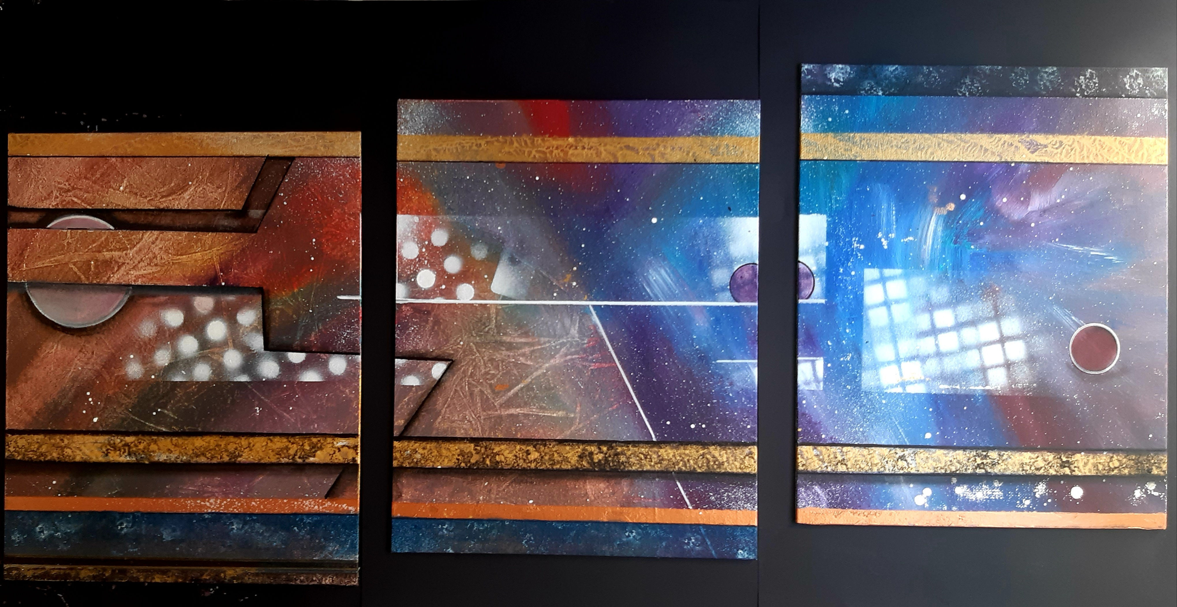 TRIPTYQUE sur carton entoilé à l'acrylique d'un vaisseau intergalactique