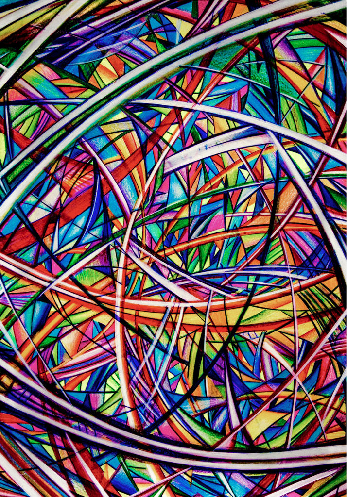 Colorful abstract art with intersecting curved and straight lines.