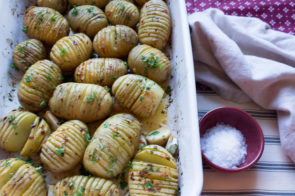 Roast hasselback potatoes with lemon, garlic and chilli