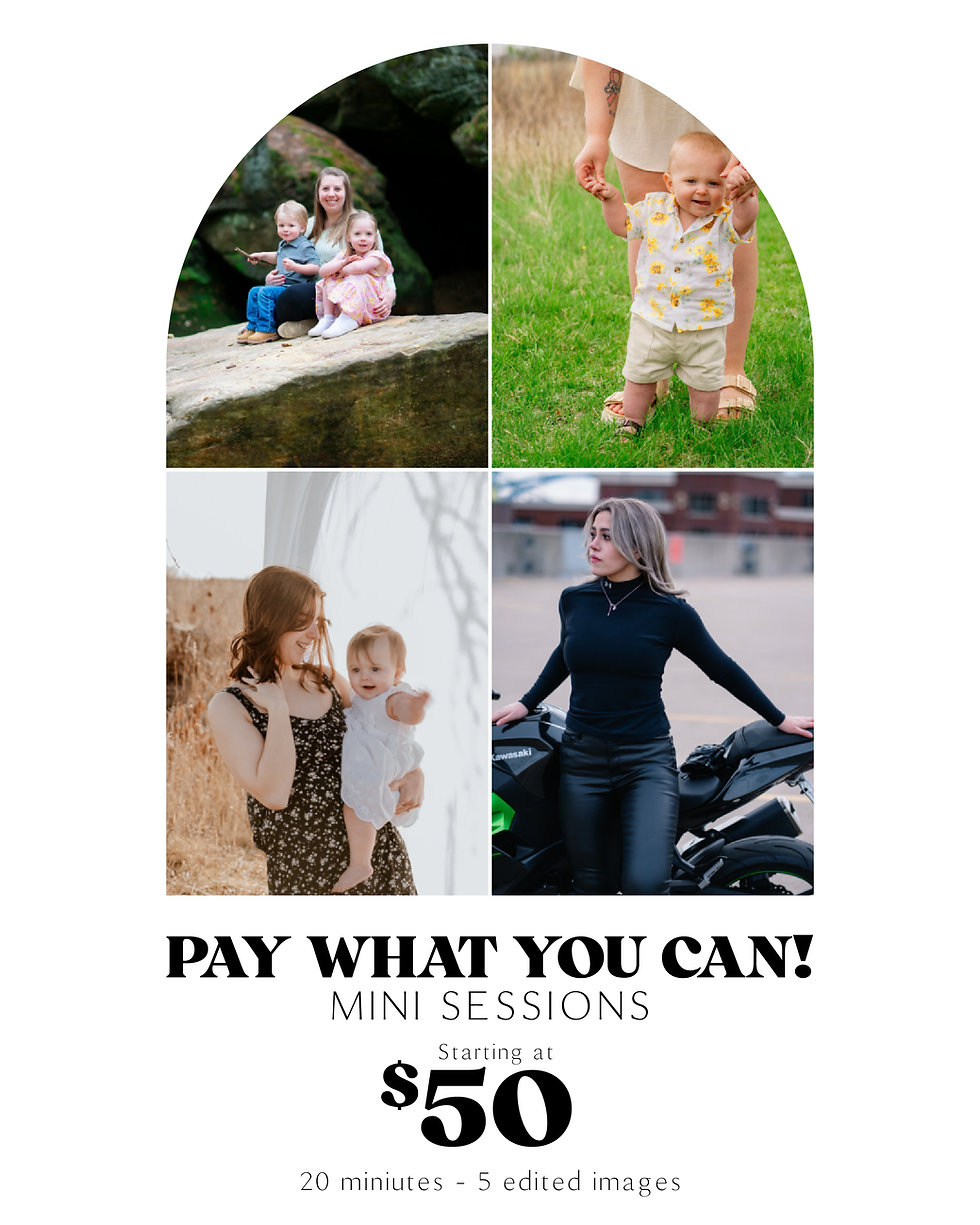 Collage: Families outdoors and a woman with a motorcycle. Text: "Pay What You Can! Mini Sessions, Starting at $50, 20 minutes - 5 edited images."