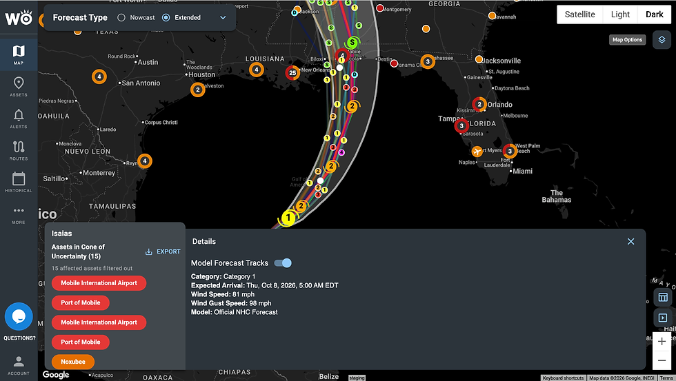 Isaias's Official NHC Forecast Track and Model Guidance, With Assets in the Cone of Uncertainty