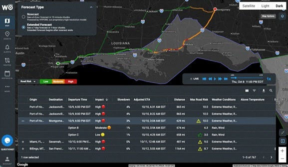 WeatherOptics RightRoute Analysis for a lane departing from the Port of Houston to Montgomery, AL Against Isaias, With Alternate Routes Ranked by Road Risk