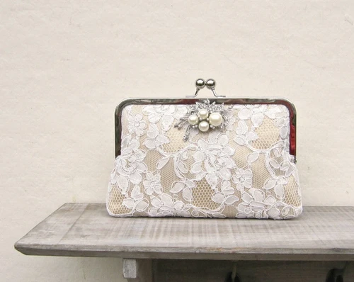 Champagne and Ivory Alencon Lace Bridal Clutch with Pearl and Crystal Brooch Constance Handcrafte