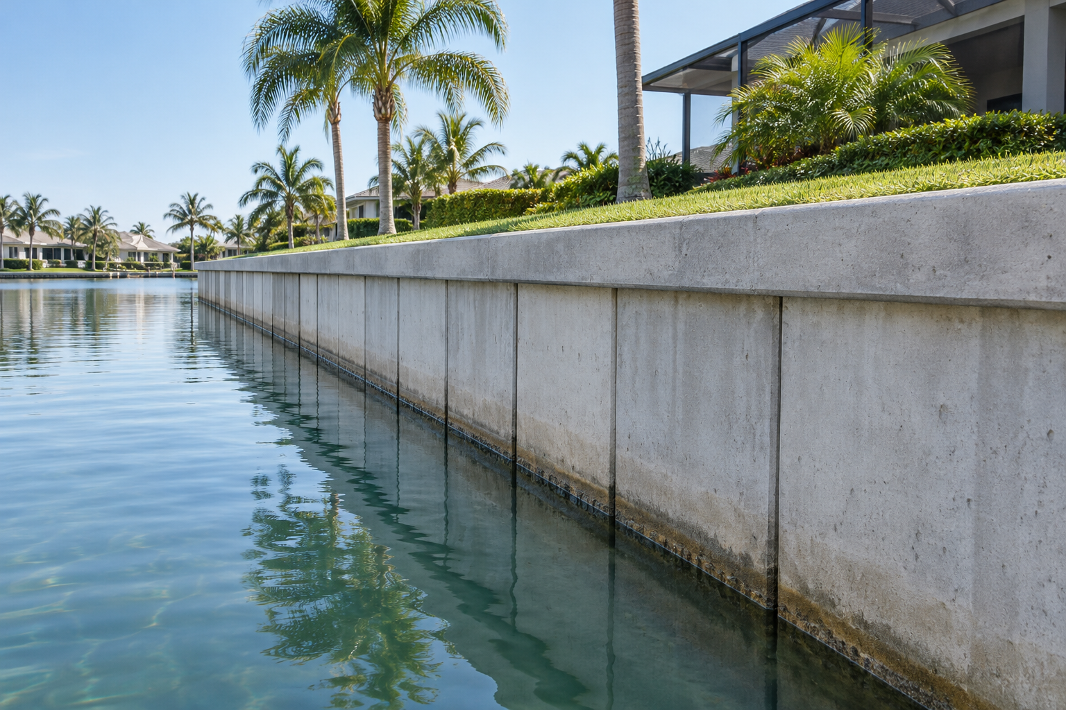 AI-generated illustrative example of a concrete seawall with vertical panels and a continuous cap