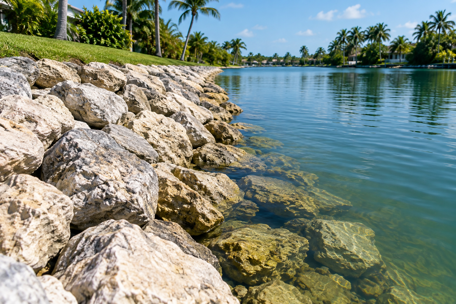 AI-generated illustrative example of a sloped riprap shoreline made from large rocks