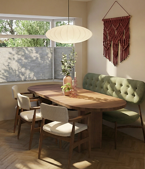3D-render van een sfeervol interieurontwerp voor een woonkamer met warme kleuren en natuurlijke materialen