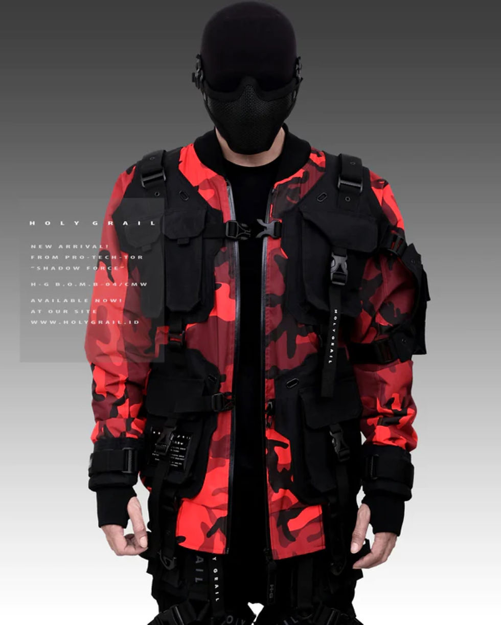 Thumbnail: Men's Techwear Red Camouflage Jacket Hoodie Full Zip Buckle H-G B.O.M.B 04/CMR