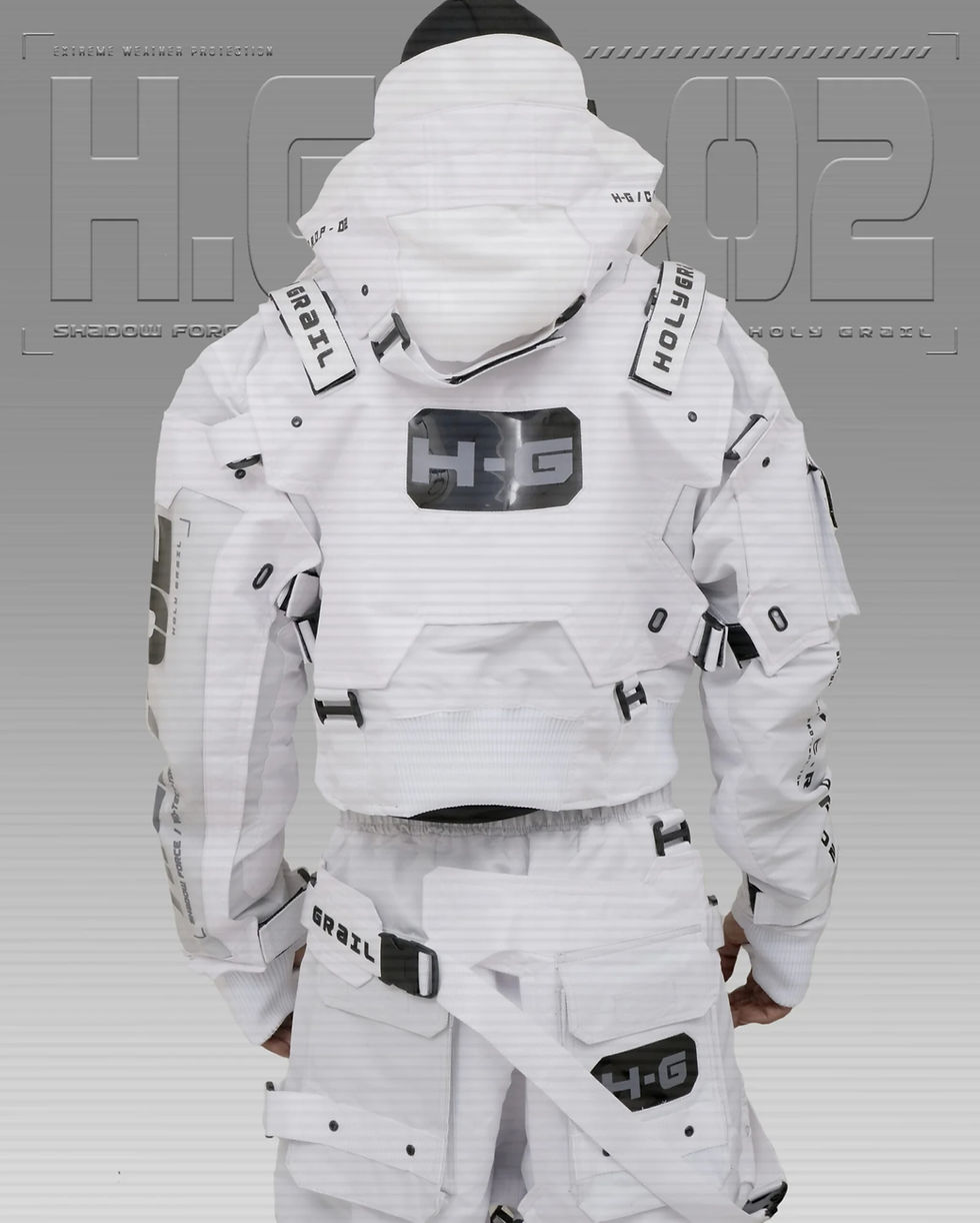Thumbnail: Men's Techwear White Jacket Hoodie Full Zip Buckle Holygrail H.G.C-02/WHT