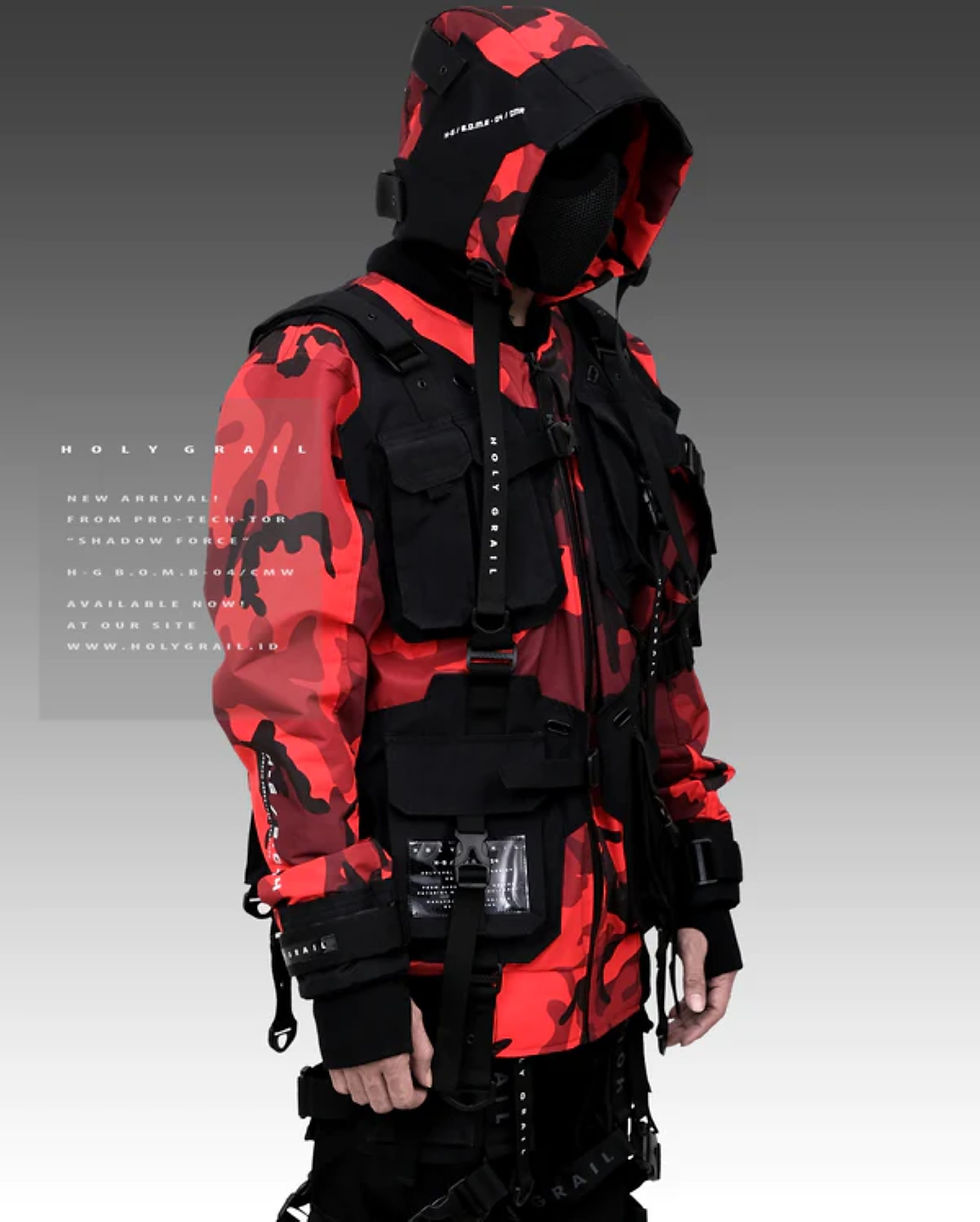 Thumbnail: Men's Techwear Red Camouflage Jacket Hoodie Full Zip Buckle H-G B.O.M.B 04/CMR
