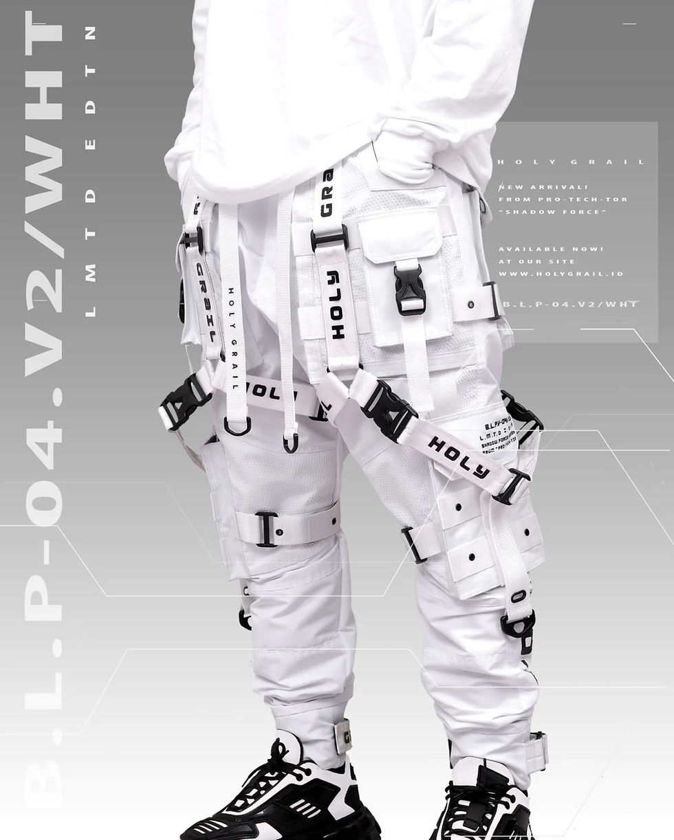 Thumbnail: Men's White Streetwear Techwear Heavy Cargo Trouser Pants B.L.P-04.V2/WHT