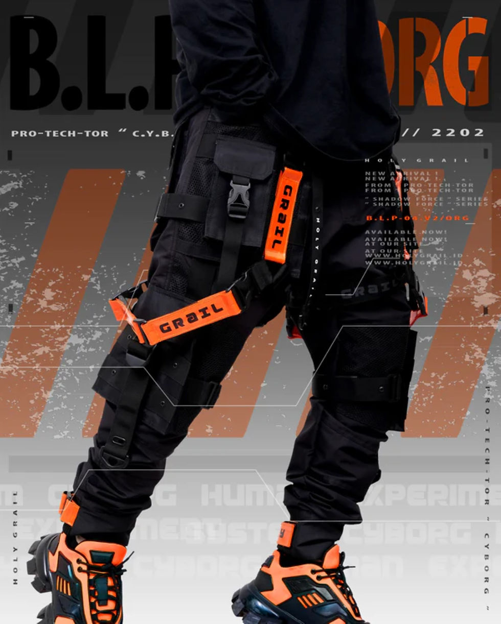 Thumbnail: Men's Black/Orange Streetwear Techwear Heavy Cargo Trouser Pants B.L.P04V2/ORG
