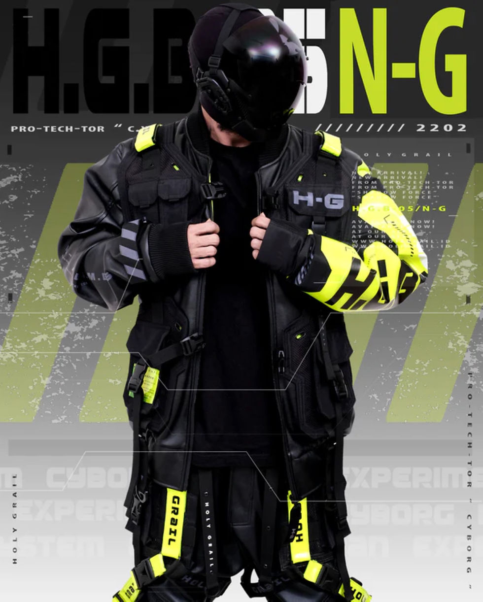 Thumbnail: Men's Techwear Neon Green Jacket Hoodie Full Zip Buckle Holygrail H.G.B-05/N-G