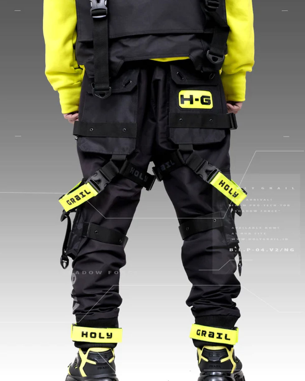 Thumbnail: Men's Black/Green Streetwear Techwear Heavy Cargo Trouser Pants HG B.L.P-04V2/NG