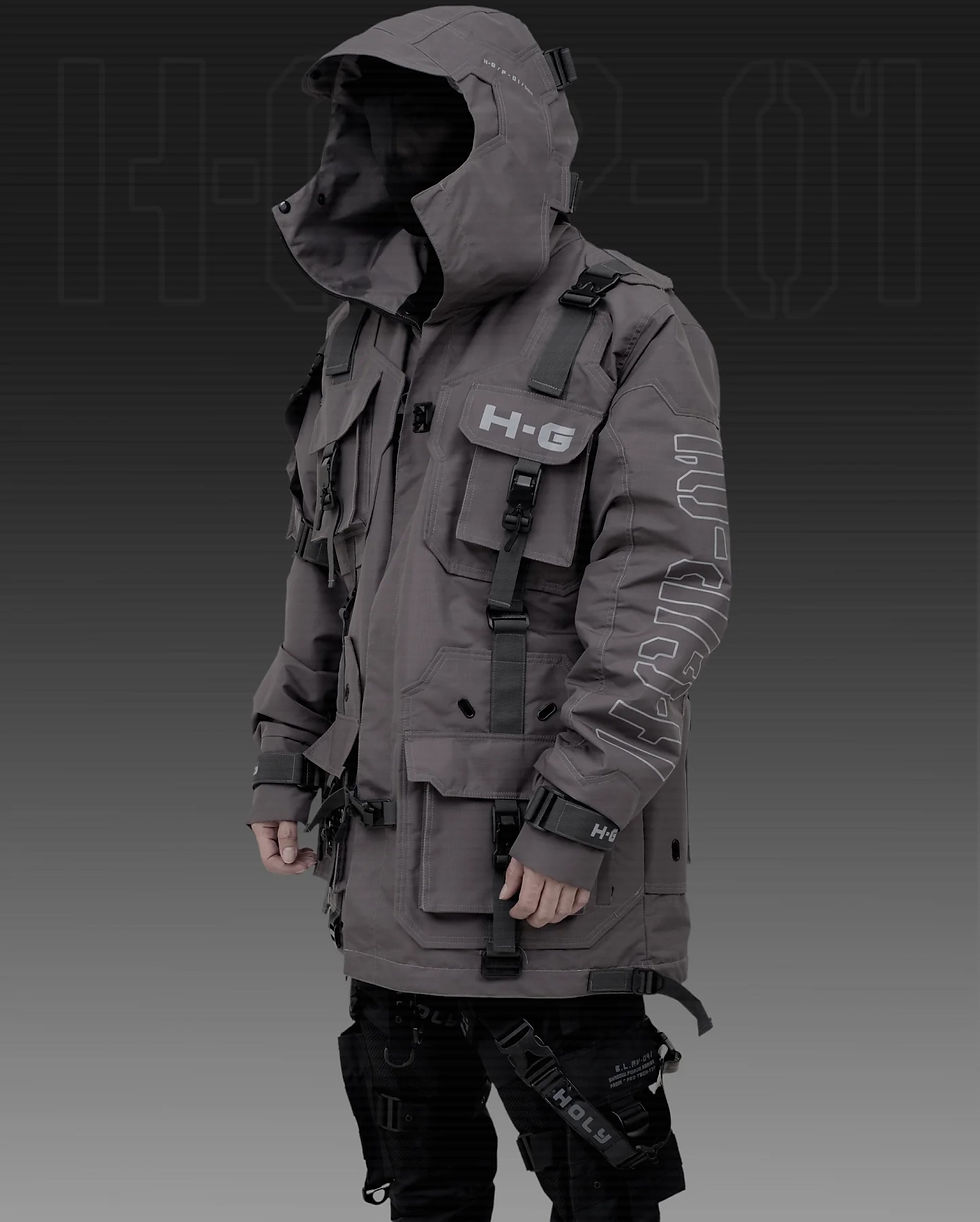 Thumbnail: Men's Techwear Gray Jacket Parka Coat Hoodie Full Zip Buckle H-G/P-01/GRY