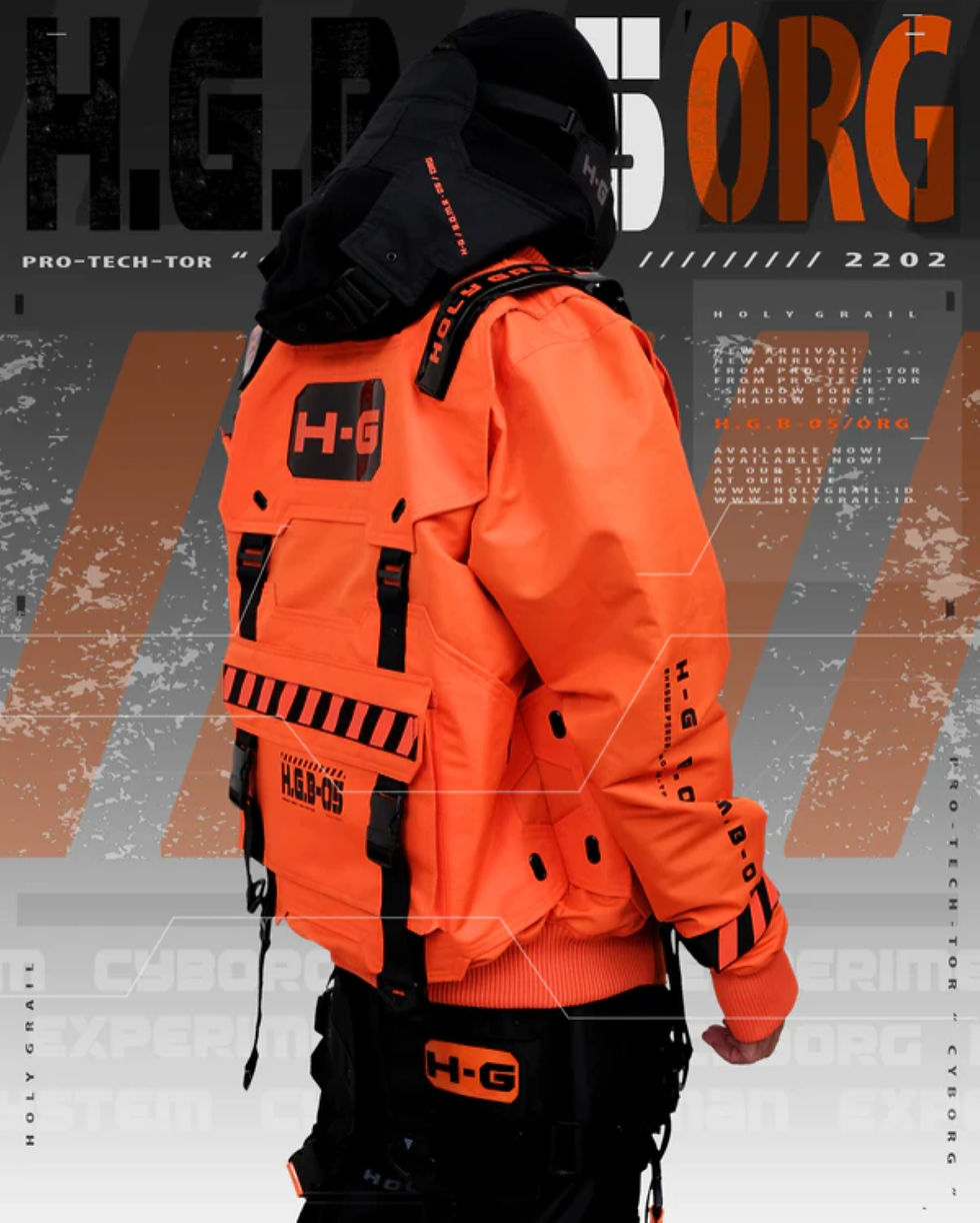 Thumbnail: Men's Techwear Orange Jacket Hoodie Full Zip Buckle Holygrail H.G.B-05/ORG