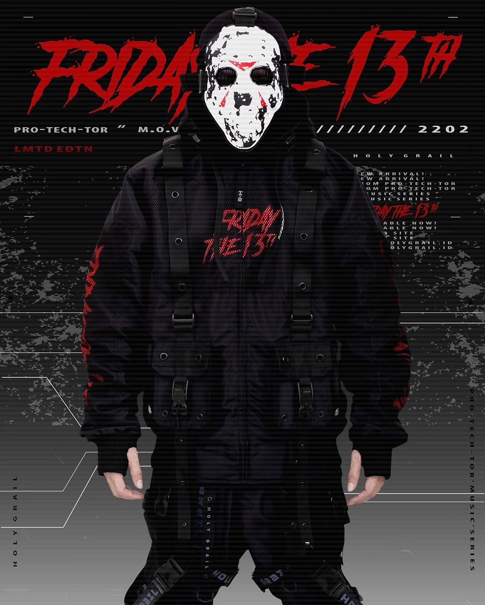 Thumbnail: Men's Techwear Black Halloween friday the 13th Bomber Jacket Hoodie H.G.B.X.FT13