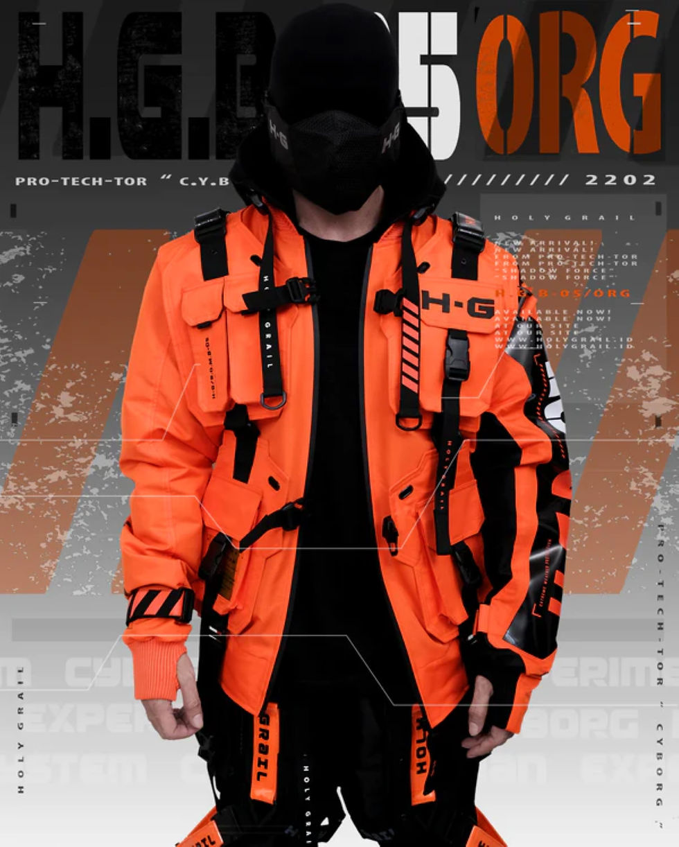 Thumbnail: Men's Techwear Orange Jacket Hoodie Full Zip Buckle Holygrail H.G.B-05/ORG