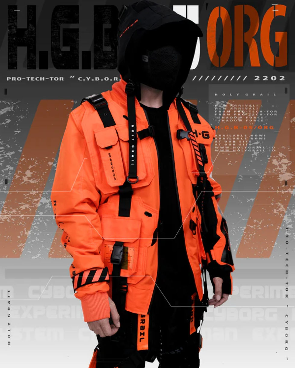 Thumbnail: Men's Techwear Orange Jacket Hoodie Full Zip Buckle Holygrail H.G.B-05/ORG
